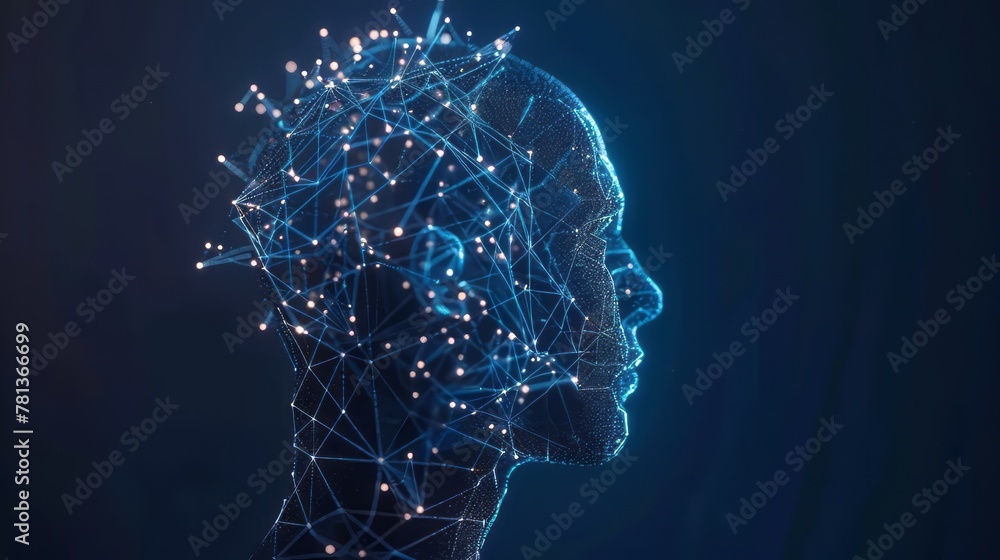 Poster a computer generated image of a face with a blue background. the face is made up of a network of lin