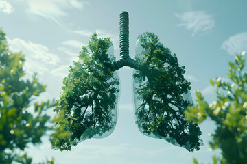 Human lungs made of fresh green forest silhouette double exposure on blue sky background, The importance of clean air, Solving air pollution problems - obrazy, fototapety, plakaty