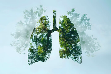 Human lungs made of fresh green forest silhouette double exposure on blue sky background, The importance of clean air, Solving air pollution problems - obrazy, fototapety, plakaty