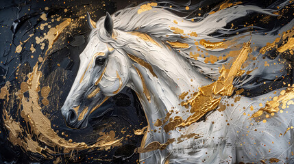Majestic White Horse with Golden Strokes, Artistic Animal Portrait