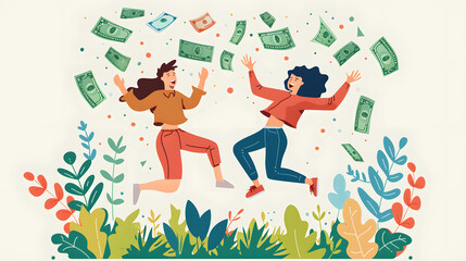 Vector illustration of two people jumping with money falling from the sky, in the flat design style, colorful background, cheerful mood, fun vibe - obrazy, fototapety, plakaty