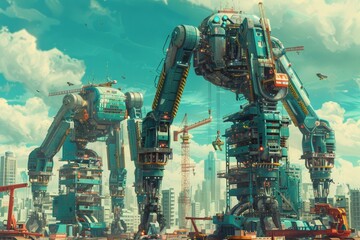 A group of construction robots, working together to erect towering skyscrapers in a bustling cityscape - obrazy, fototapety, plakaty