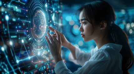 Asian Businesswoman Interacting with Global Holographic Interface, Tech Innovation Concept