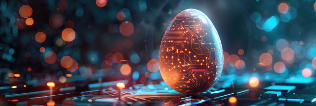 A glowing egg with a black shell sits on a circuit board by AI generated image