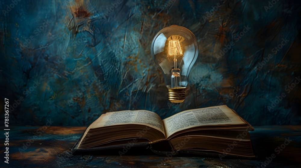 Poster glowing lightbulb floating over ancient open book in mysterious dark room symbolizing knowledge and