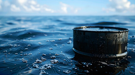 Oil barrel or oil tank and oil on the ocean surface with blue sky background, water pollution and chemicals create problems for the environment concept - obrazy, fototapety, plakaty