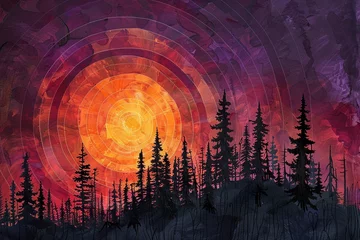 Wandcirkels plexiglas Immerse yourself in the captivating beauty of a sunset depicted through concentric circles in a golden yellow to deep crimson gradient, silhouetting a dense forest of fir trees against a warm backdrop © Silvana