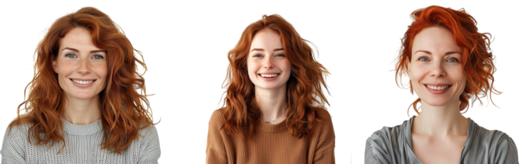 Isolated shot of pretty adult with foxy hair, broad smile, wears casual outfit