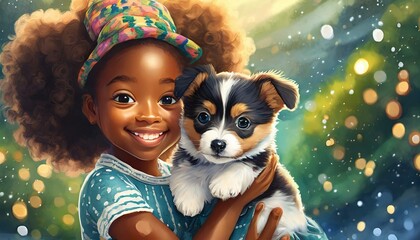  a Photorealistic image of a puppy held by a beautiful mystical young girl 