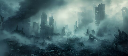 Smoldering Ruins of a Decimated City Under a Smoke Filled Ominous Sky in the Aftermath of a Brutal...