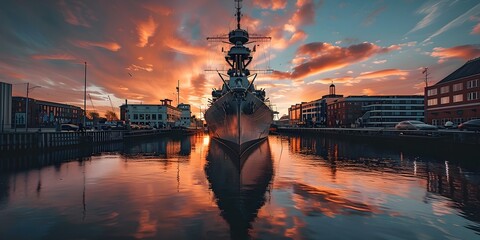 Historical Naval Warship Docked as a Museum Inviting Visitors to Explore Maritime Military History in the Vibrant Coastal City Skyline