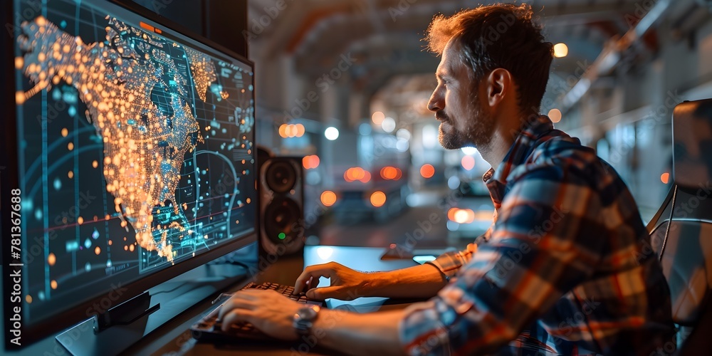 Poster logistics manager optimizing shipment routes on digital map