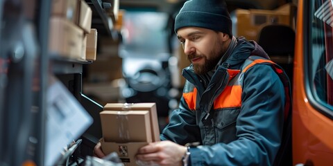 Courier Service Employee Scanning Packages in Delivery Van Frontline of E commerce Fulfillment