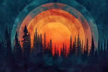 Immerse yourself in the captivating beauty of a sunset depicted through concentric circles in a golden yellow to deep crimson gradient, silhouetting a dense forest of fir trees against a warm backdrop - obrazy, fototapety, plakaty