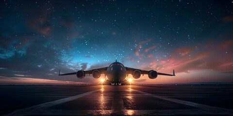 Cargo Plane Preparing for Transcontinental Flight Under Dramatic Night Sky - Powered by Adobe