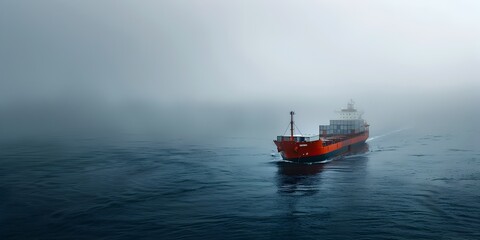 Cargo Vessel Navigating Through Fog Shrouded International Waters a Vital Link in Global Trade Routes