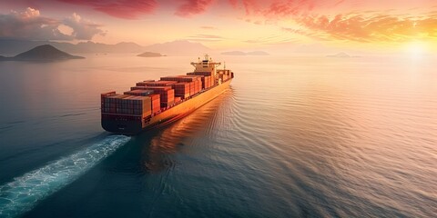 Commercial Cargo Ship Navigating International Trade Routes at Dramatic Sunset or Sunrise