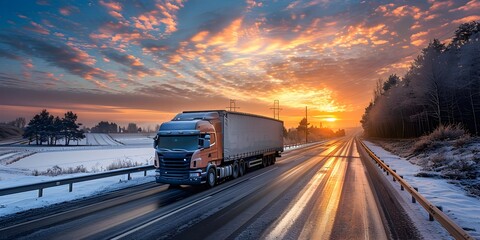 Refrigerated Truck Ensuring Cold Chain Integrity on Scenic Snowy Highway at Dramatic Sunset