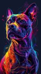 chien Staffordshire Bull Terrier sur fond noir avec effets néon multicolore - obrazy, fototapety, plakaty