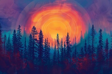 Immerse yourself in the captivating beauty of a sunset depicted through concentric circles in a golden yellow to deep crimson gradient, silhouetting a dense forest of fir trees against a warm backdrop - obrazy, fototapety, plakaty