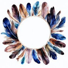 a bright watercolor bird feather. round frame. illustration. artificial intelligence generator, AI, neural network image. background for the design.
