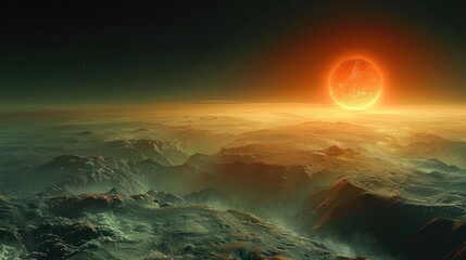 The silent beauty of an exoplanet, its surface bathed in the light of a distant sun. - obrazy, fototapety, plakaty
