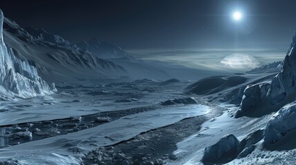 The icy plains of Pluto, a distant world at the edge of the solar system, bathed in perpetual twilight.