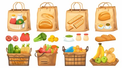 Cartoon set of fruit, vegetable, milk and bread bags. Delivery products from market in reusable eco package.