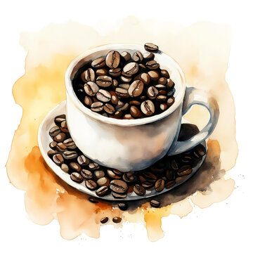 a cup of whole coffee beans, a hot drink. illustration. artificial intelligence generator, AI, neural network image. background for the design.