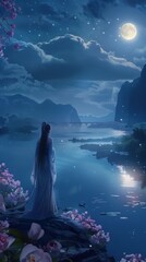 Anime maiden by the river under a moonlit night with cherry blossoms in full bloom - obrazy, fototapety, plakaty