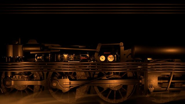 Steel wheels churn, smoke billows, darkness surrounds  &mdash; a locomotive's power in relentless motion, abstraction