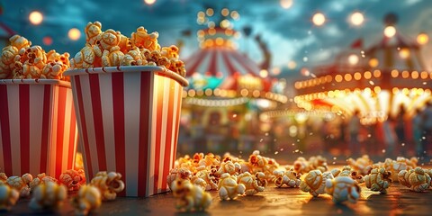 Popcorn a bubbling fairground setting incorporated a popcorn booth where eager individuals might get deliciously popped popcorn and space, Generative AI. - obrazy, fototapety, plakaty