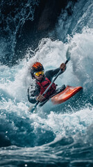 Concentrated man, kayaker in motion on rushing water, navigating boat with red paddle. Focus, strength and challenge