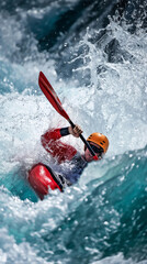 Fototapeta premium Concentrated man, kayaker in motion on rushing water, navigating boat with red paddle. Focus, strength and challenge