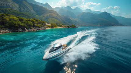 White jet ski riding on top of blue water with waves with mountains in the background.