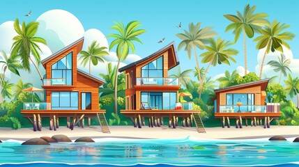 Beach resort bungalows in tropical summer with a view of the ocean, palm trees and wooden private villas. Cartoon modern illustration. - obrazy, fototapety, plakaty