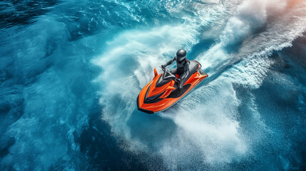 Top view of jet ski carving through clear turquoise waters, leaving a frothy trail.