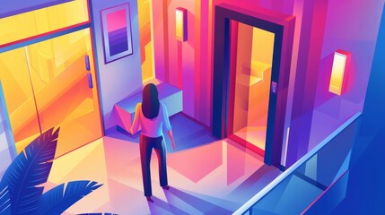 Modern elevator banner. Modern landing page of elevator with isometric illustration of woman seated at sliding doors of elevator. - obrazy, fototapety, plakaty