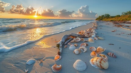 Sun-kissed shores dotted with colorful seashells and driftwood. - obrazy, fototapety, plakaty