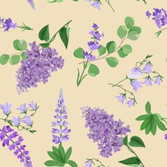 Seamless vector illustration with lilac, lupine, lavender and campanula