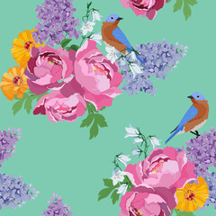 Seamless vector illustration with peonies, lilac and birds on a green background.