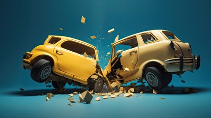 3D illustration,  two cars in yellow and blue being hit by one another.