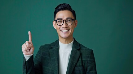 Cheerful asian man in green suit, smiling with a finger pointing up, green plain background, studio shot, copy space.