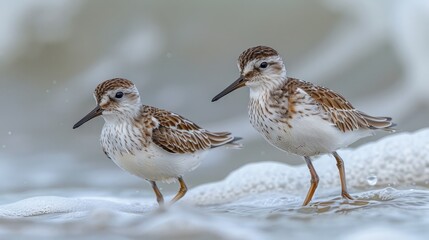 Sandpipers scuttling along the water's edge, searching for tiny crustaceans buried in the sand. - obrazy, fototapety, plakaty