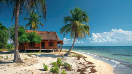 A rustic driftwood shack nestled among the palms, its thatched roof blending seamlessly with the natural surroundings. - obrazy, fototapety, plakaty