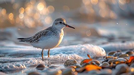 Sandpipers scuttling along the water's edge, searching for tiny crustaceans buried in the sand. - obrazy, fototapety, plakaty