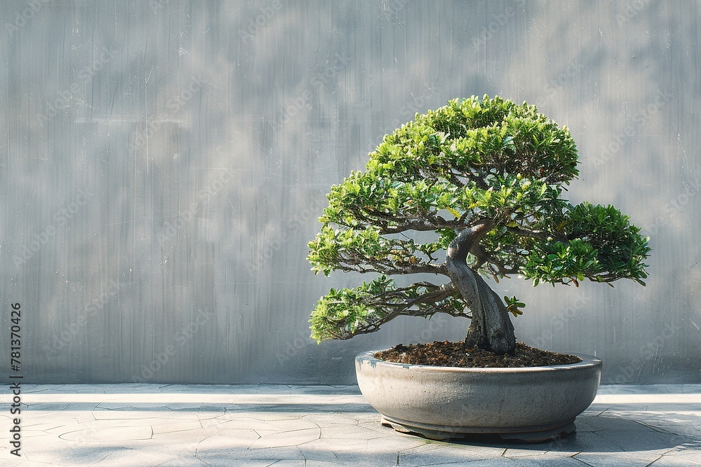 Poster experience tranquility with a serene composition featuring a perfectly pruned miniature bonsai tree 