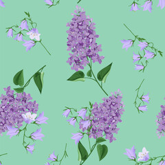 Seamless vector illustration with lilac and campanula