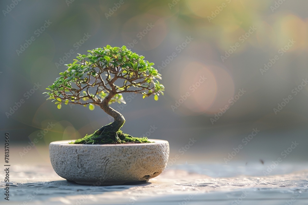 Poster experience tranquility with a serene composition featuring a perfectly pruned miniature bonsai tree 