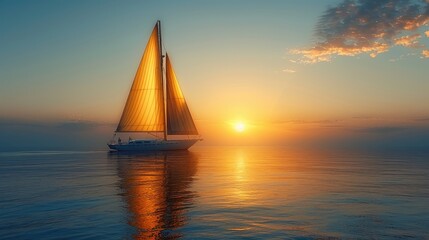 A distant sailboat gliding silently across the horizon, its billowing sails catching the afternoon breeze. - obrazy, fototapety, plakaty